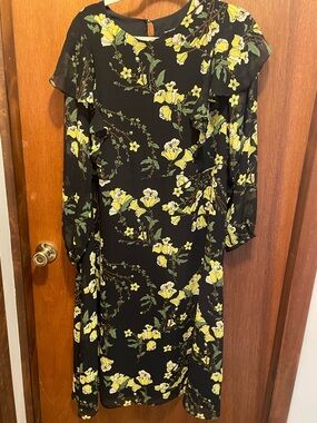 Who What Wear Black Floral Ruffle-Sleeve Midi Dress with Yellow Blossoms